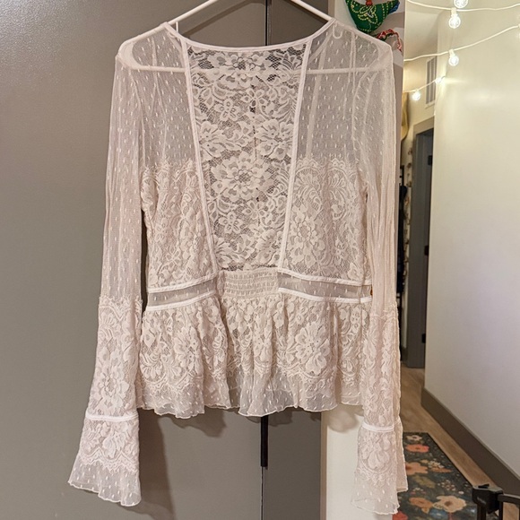 Free People Penelope Lace Swiss Dot Peplum Blouse Top White Size Large - Picture 6 of 11